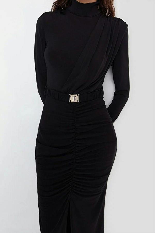 WOVCOR Stretchy Midi Knit Dress with Stand-Up Collar and Belt Detail