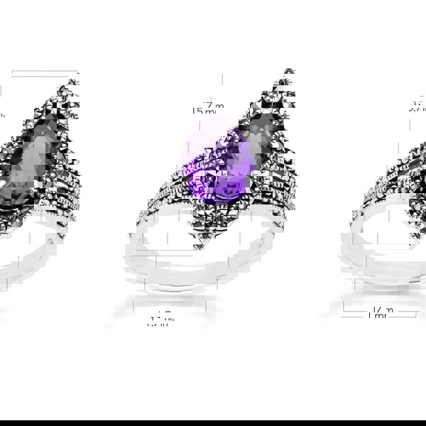 Gemondo Art Deco Style Pear Amethyst & Marcasite Ring in Sterling Silver