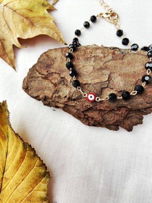 The Colourful Aura Gold Plated Evil Eye Charm Mangalsutra Black Beaded Indian Nazar Bracelet