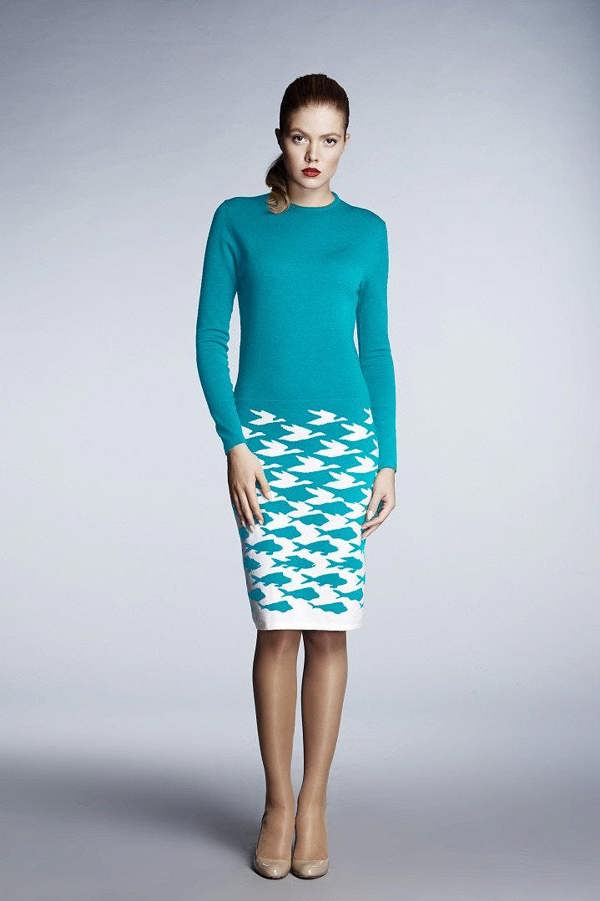 Rumour London Sea & Sky turquoise illusion houndstooth knitted jacquard dress