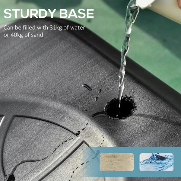 Black fillable base with waterproof cover and anchoring weight for hoop stand