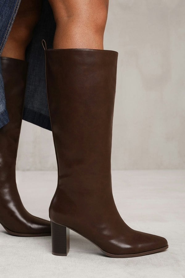 Where's That From Elder Block Heel Knee High Boots With Side Zip in Dark Brown Faux Leather