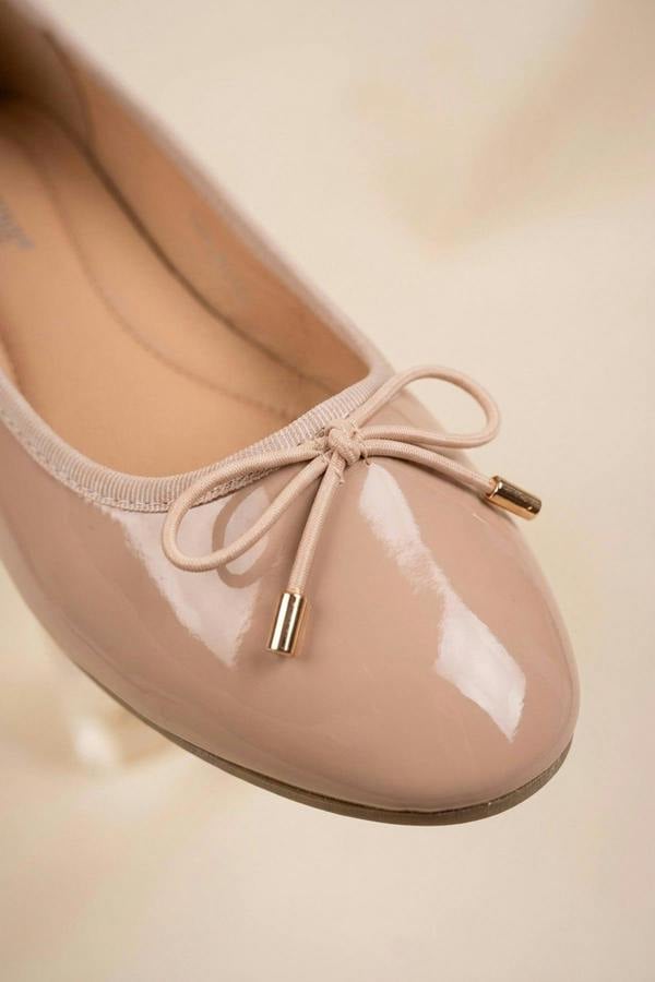 Constance Patent Bow Detail Ballet Pumps - Beige