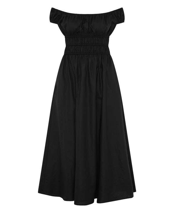 Black Cotton Shirred Bardot Midi Dress