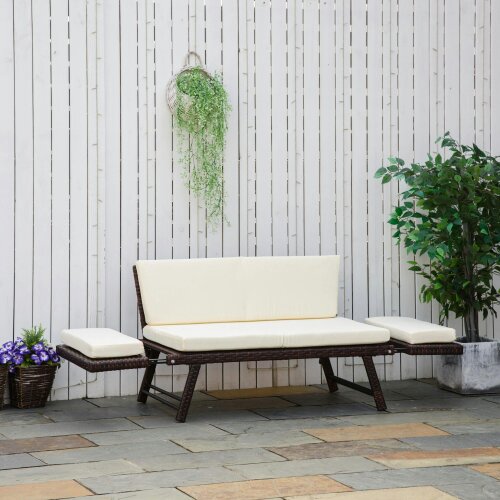Outsunny 2-in-1 Rattan Folding Chaise Lounger w/ Cushion - Brown