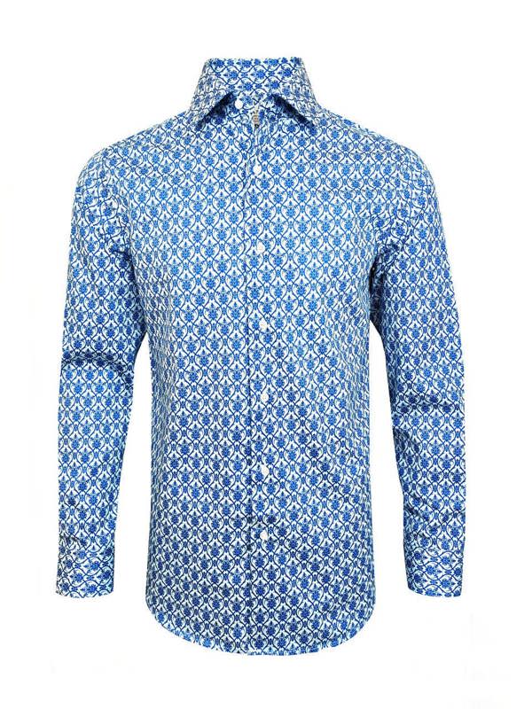 Men’s Blue Floral Tile Print Slim Fit Cotton Shirt