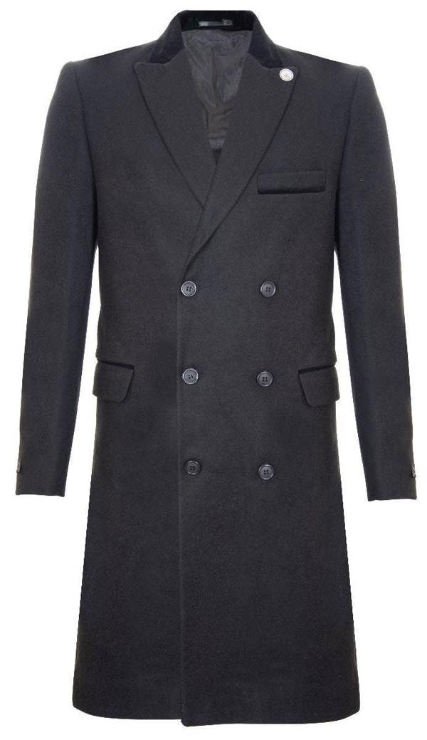 TruClothing Mens 3/4 Black Long Double Breasted Overcoat Wool Coat Peaky Blinders