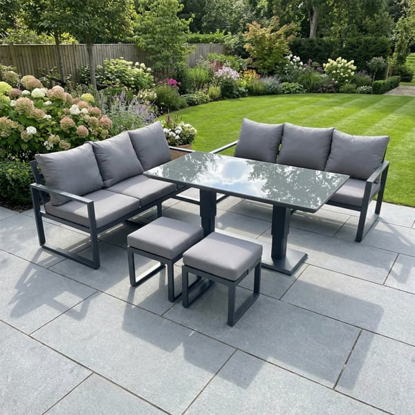 Fimous 8 Seater Aluminium Outdoor Garden Furniture Set with Adjustable Rising Dining Table, 2 Sofas, 2 Footstools - Dark Grey