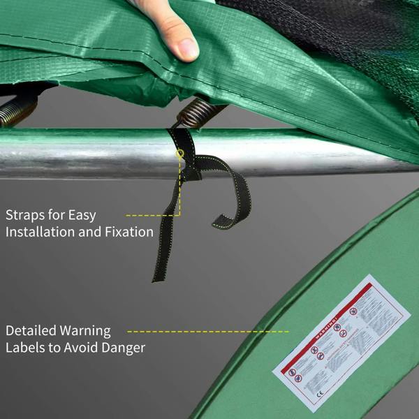 Green trampoline pad with fixing straps for easy installation and secure attachment