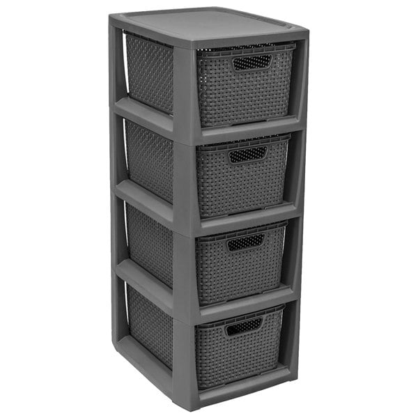Grey 4 Drawer Stylish Rattan Effect Storage Tower Commode Baskets For Home & Office