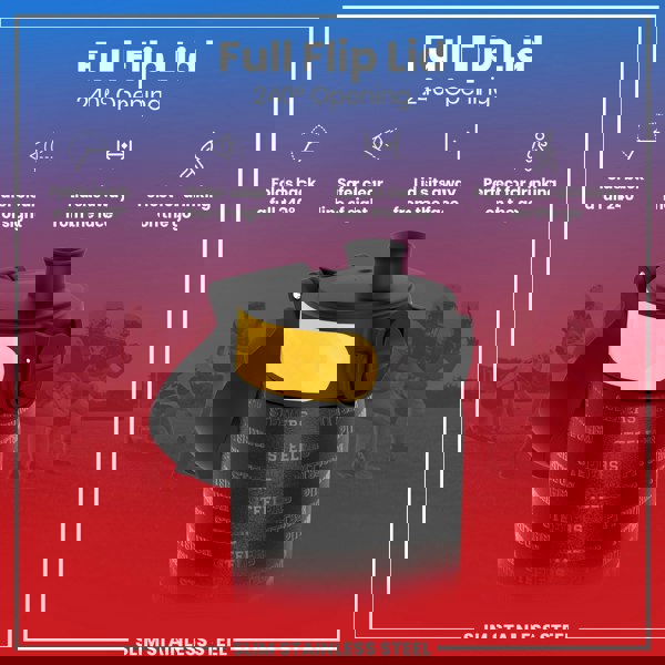 A black and yellow slim stainless steel water bottle with a 240° flip lid is shown, against a red background depicting football players. The lid folds back completely, away from the face, allowing a clear sightline. It's ideal for on-the-go consumption.