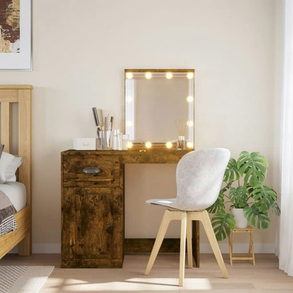 Berkfield Dressing Table with LED Lights Smoked Oak 90x42x132.5 cm