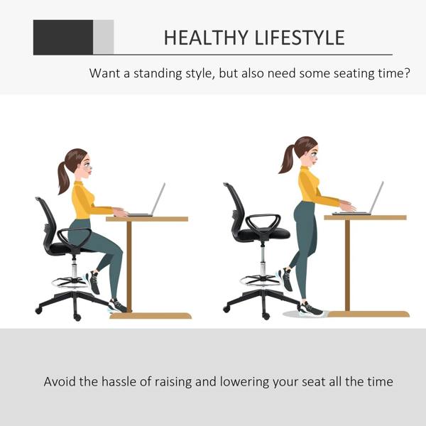 Black mesh-back office chair with padded seat, foot ring, and swivel base for standing desk use