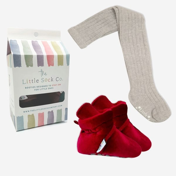 Little Sock Co. Bundle of Crimson Red Stay-on, Non-Slip Booties & Cosy Non-slip Tights