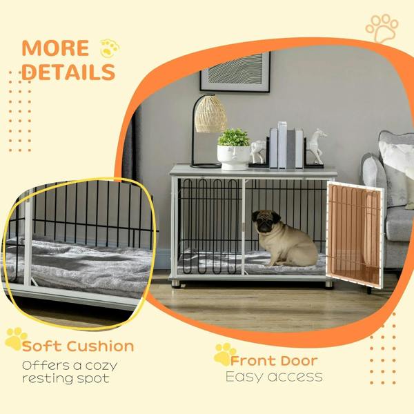 Indoor dog crate end table with front door open and grey removable cushion