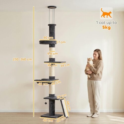 PawHut Floor to Ceiling Cat Tree, 230-260 cm Adjustable Cat Tower Dark Grey