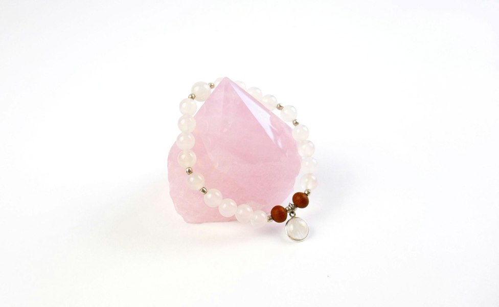 Kati Kaia moonstone mala necklace set with white and brown beads and a crystal pendant on pink quartz