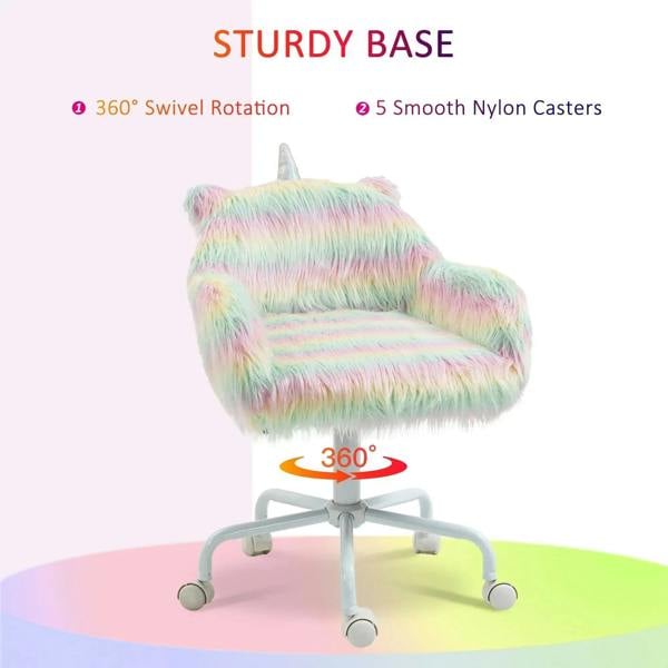 Rainbow fluffy unicorn-themed office chair on 5-star wheeled swivel base