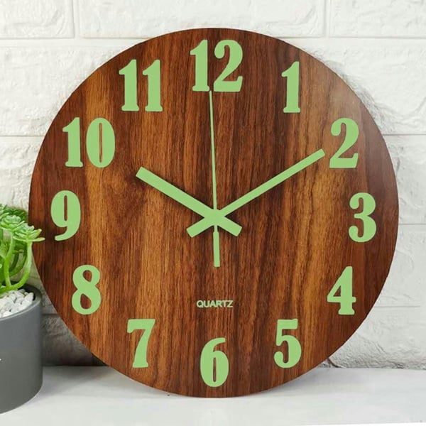 Living and Home 30cm Imitation Walnut Grain Luminous Arabic Numerals Wall Clock
