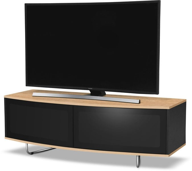Centurion Supports Caru Gloss Black and Oak Beam-Thru Remote Friendly Super-Contemporary "D" Shape Design 32"-65" LED/OLED/LCD TV Cabinet