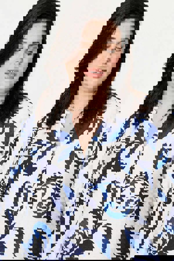 Blue | Curve Printed Long Sleeve Blouse