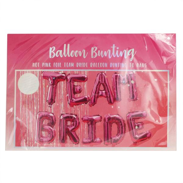 Front view of the retail packaging for the hot pink foil Team Bride balloon bunting set, enclosed in a clear protective wrap.