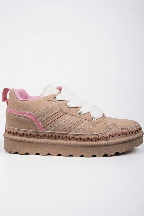 Pearl Faux Suede Platform Trainers - Beige