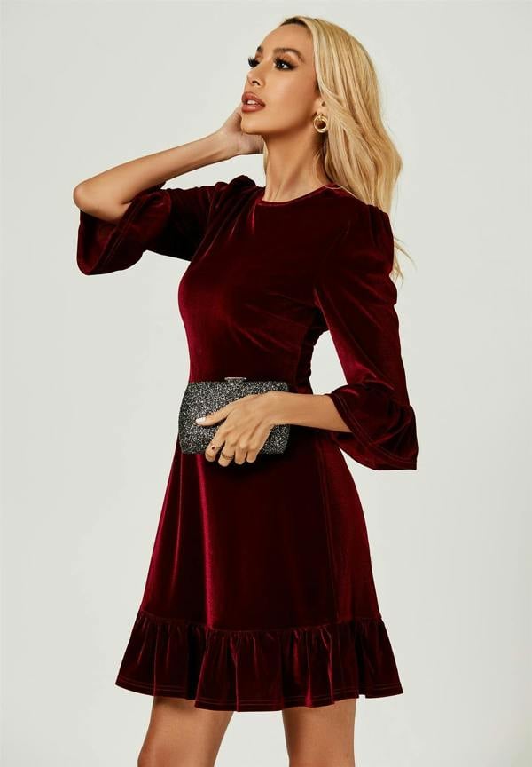 FS Collection Velvet Frill Detail Mini Dress In Wine