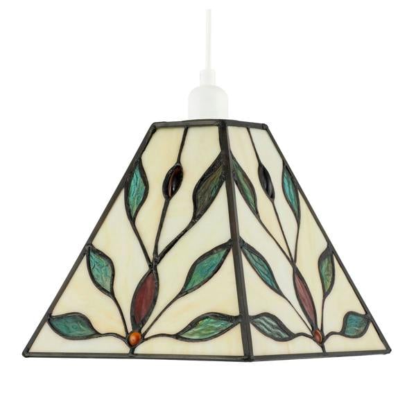 Square Tiffany Glass Pendant Light Shade with Emerald Green Leaves Image 3