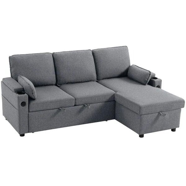 Corner Sofa Bed, L Shaped Sleeper Sectional Sofa with Reversible Storage Chaise, Grey