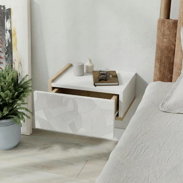 Decortie Floating Bedside Table w/ Drawer Handleless Modern Nightstand Wall-Mounted Storage Cabinet Space-Saver Bedroom