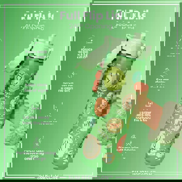 A green water bottle, featuring a 240° flip lid, is being held; it is decorated with various nature-inspired designs. Full Flip Lid; 240° Opening; Folds back a full 240°; Safer clear line of sight; Lid sits away from the face; Perfect for drinking on the go; SLIM RECYCLON™.