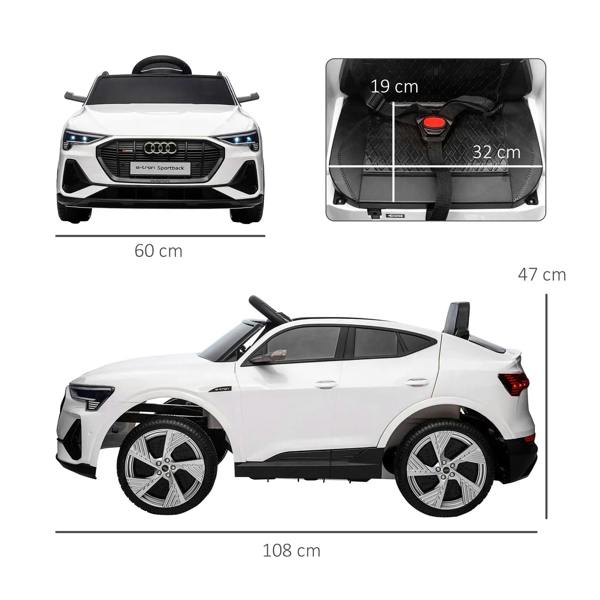White kids electric ride-on car size diagram with front, rear, and side measurements