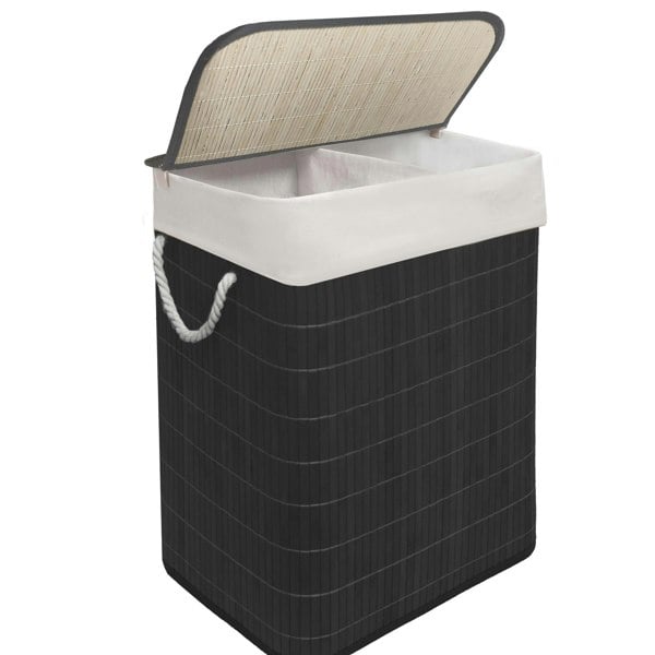 MANTRARAJ Bamboo Laundry Basket 105L Laundry Hamper with Lid Foldable Laundry Bin with 2 Compartments Black