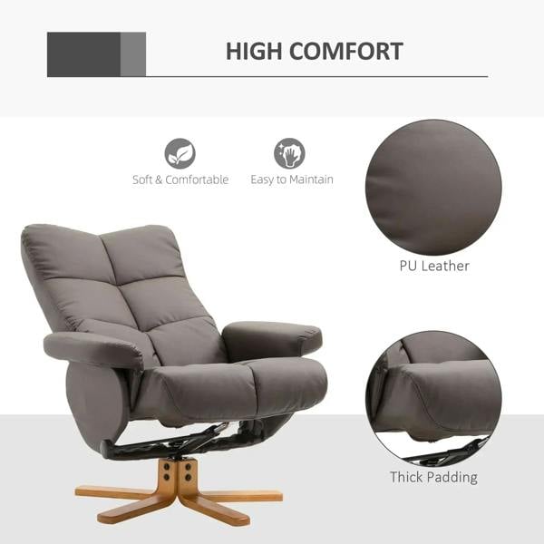 Brown PU leather recliner chair with thick padded seat and backrest, swivel wooden base