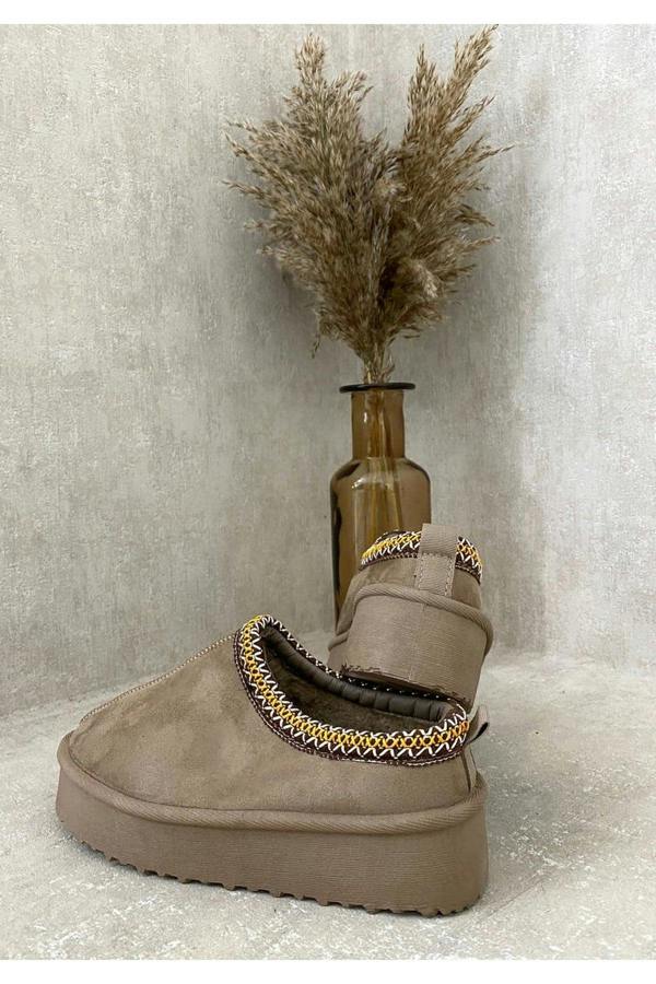 Jolene Aztec Detail Low Ankle Platform Slipper Boots - Camel
