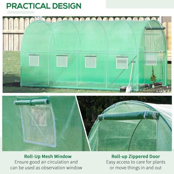 Green greenhouse tunnel with roll-up mesh window and roll-up zippered door