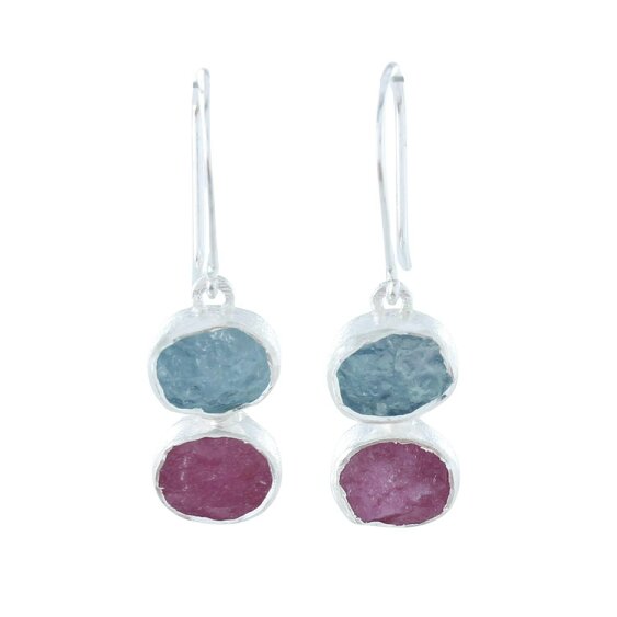 Reeves & Reeves Ruby and Aqua Rough Stone Drop Earrings