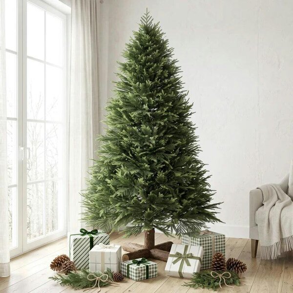 Bobobiy 7ft Artificial Christmas Tree, Hinged Xmas Tree with Realistic 1071 PE & PVC Branch Tips, Fir Wood Base, Green