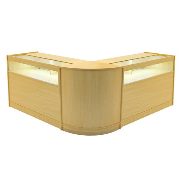 Maple Iris LED shop counter set featuring a sleek, modern design with two display sections and illuminated shelving for products