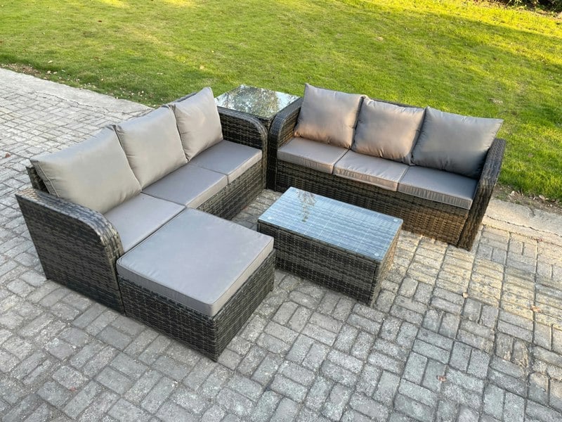 Fimous Outdoor Garden Furniture Sets 7 Seater Wicker Rattan Furniture Sofa Sets with Rectangular Coffee Table 3 Seater Sofa Side Table