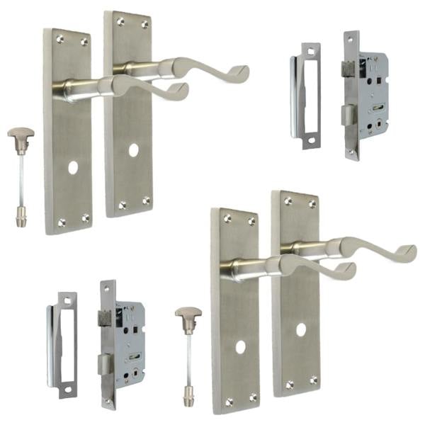 EDH Door Hardware Victorian Style Satin Bathroom Door Handle with Privacy Lock+Bathroom SASH Lock, 2 pairs