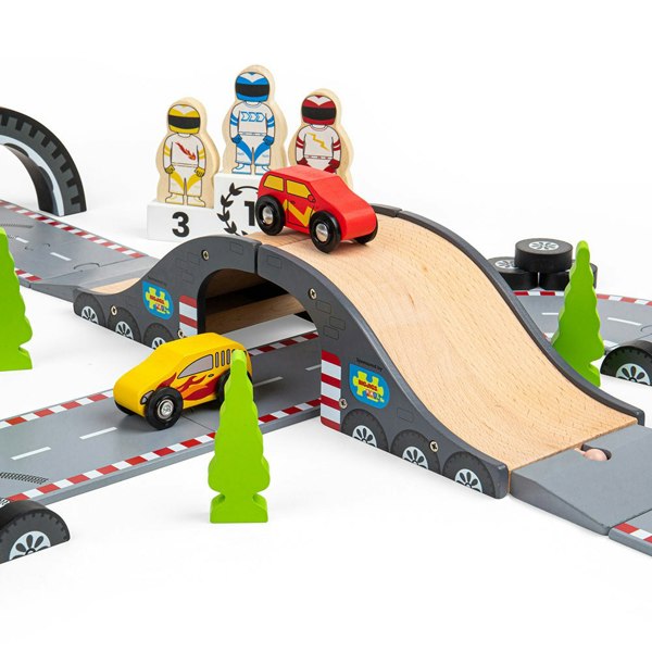 Bigjigs Toys Wooden Roadway Race Day Playset - 47 Pieces