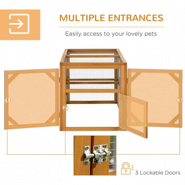 Wooden chicken coop with multiple lockable doors, wire mesh panels, and end access doors