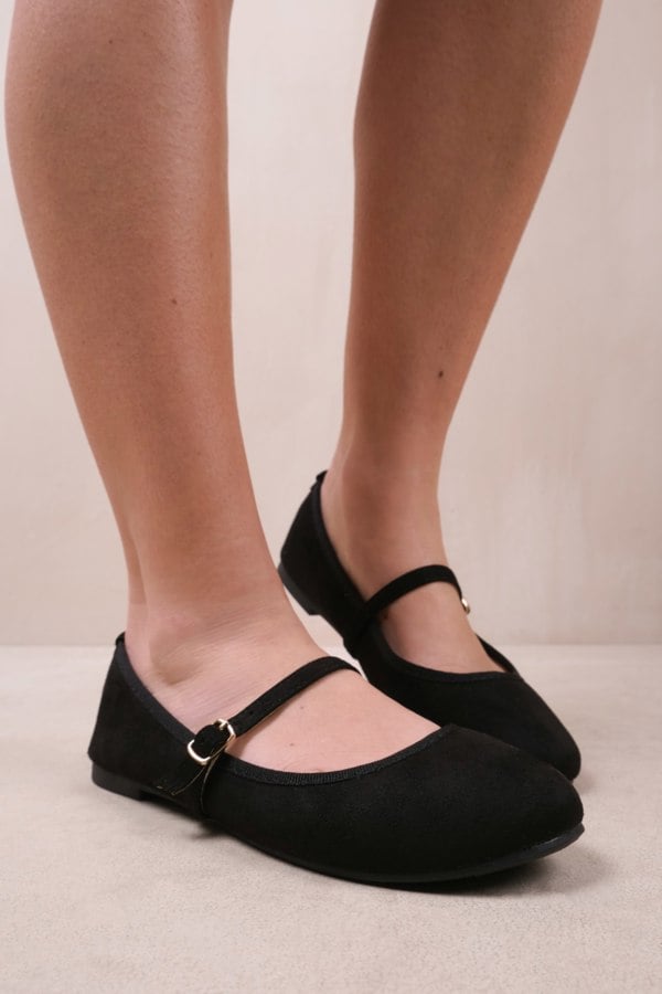 Where's That From Josie Ballerina Flats With Strap Detail in Black Suede