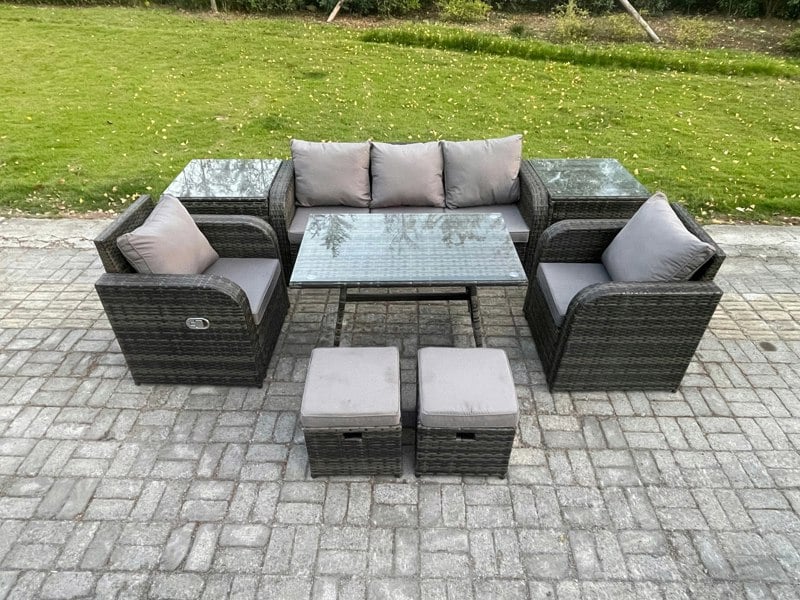 Fimous Outdoor Garden Furniture Sets 8 Pieces Wicker Rattan Furniture Sofa Sets with Rectangular Dining Table 2 Small Footstools 2 Side Tables
