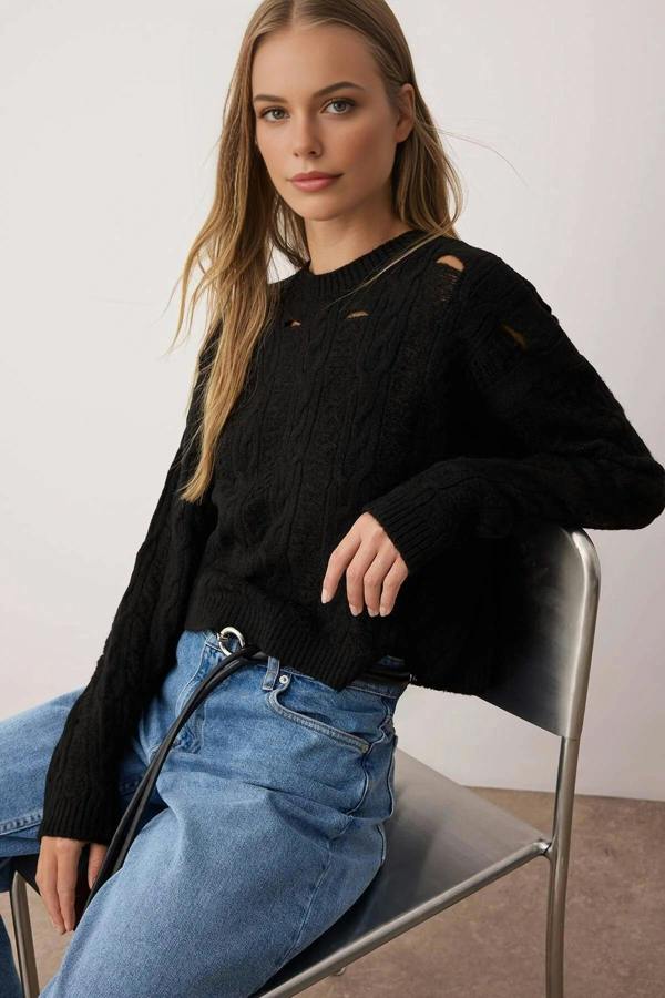 WOVCOR Soft Textured Loose Fit Openwork Knit Sweater