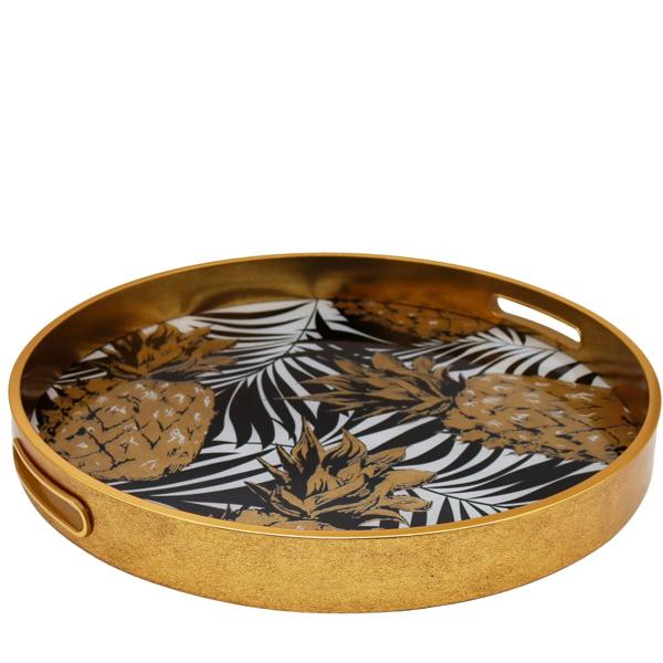 Maison des Cadeaux Round Decorative Gold Tropical Pineapple Serving Candle Drinks Tray