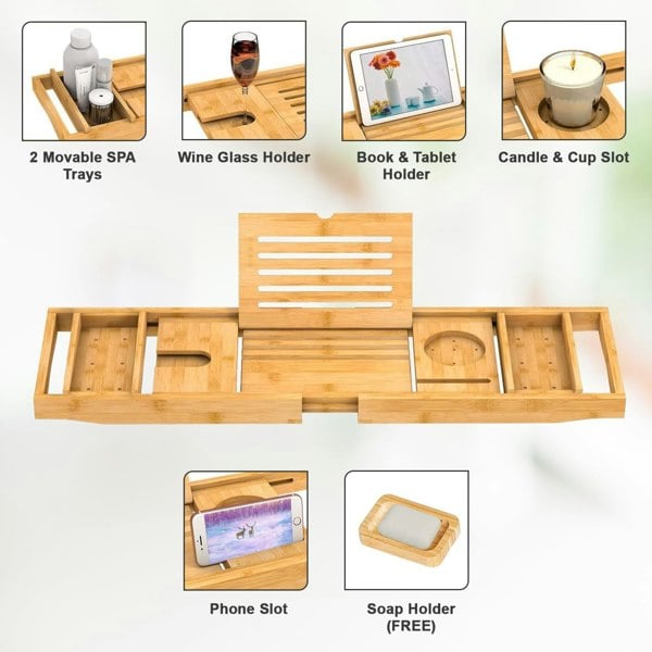 MANTRARAJ Bamboo Bath Tray Extendable Bath Caddy Trays for Bathtub Accessories with Tablet Slots Candle Cup Holder