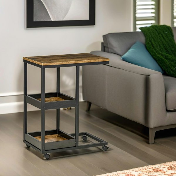 Rafaelo Mobilia Industrial C Shaped Side Table 3-Tier With Wheels